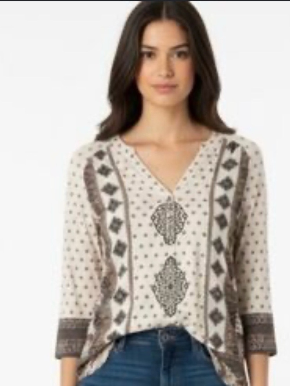 NWT Lucky Brand Cream V-Neck Boho Print Blouse tee knit top sz L linen cotton